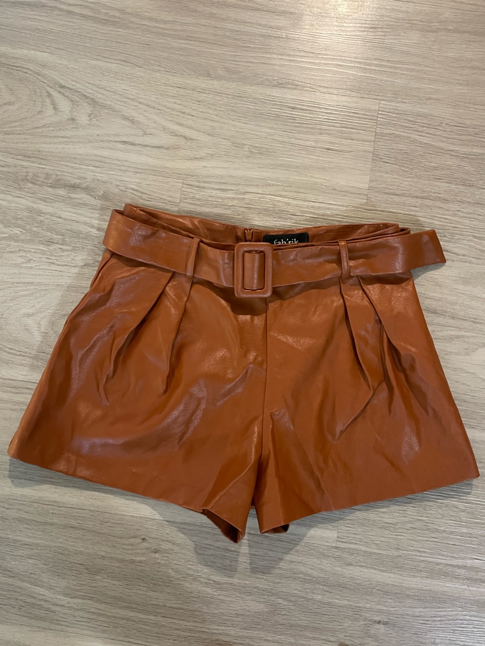 fab'rik Faux Leather Belted Shorts in Copper Brown festival concert cowgirl city